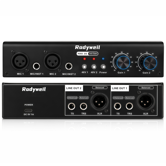 RO03 2i2 Two Channel Mic Preamp,19~66db Adjustable Gain -120db EIN,Ultra Low Noise,2 Input and 6 Output, Type C Power Input, 48V Phantom Power