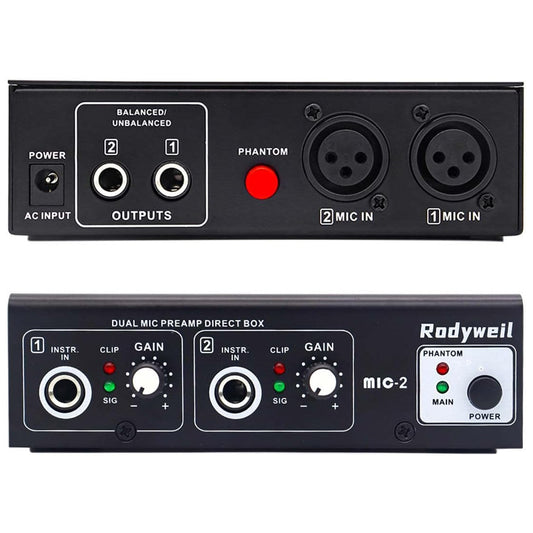 Rodyweil Microphone Preamp Mic Booster 4 Input Max 65db DI Box with 48V Phantom Power for Dynamic and Condenser Mic