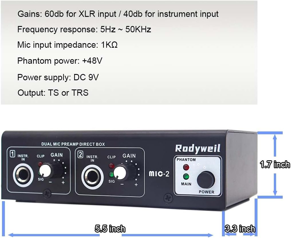 Rodyweil Microphone Preamp Mic Booster 4 Input Max 65db DI Box with 48V Phantom Power for Dynamic and Condenser Mic