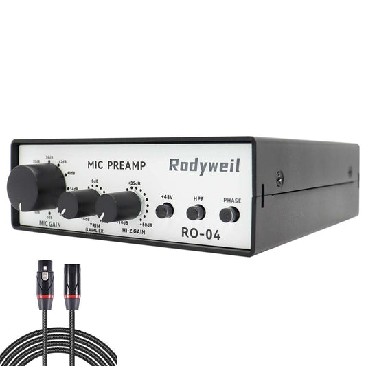 Rodyweil RO-04 Pro Mic Preamp 0~72db Adjustable Gain Boost with Hi-Z, 48V, HPF, Phase for Dynamic Condenser Ribbon Microphone, Guitar, Bass Recording and Podcasting