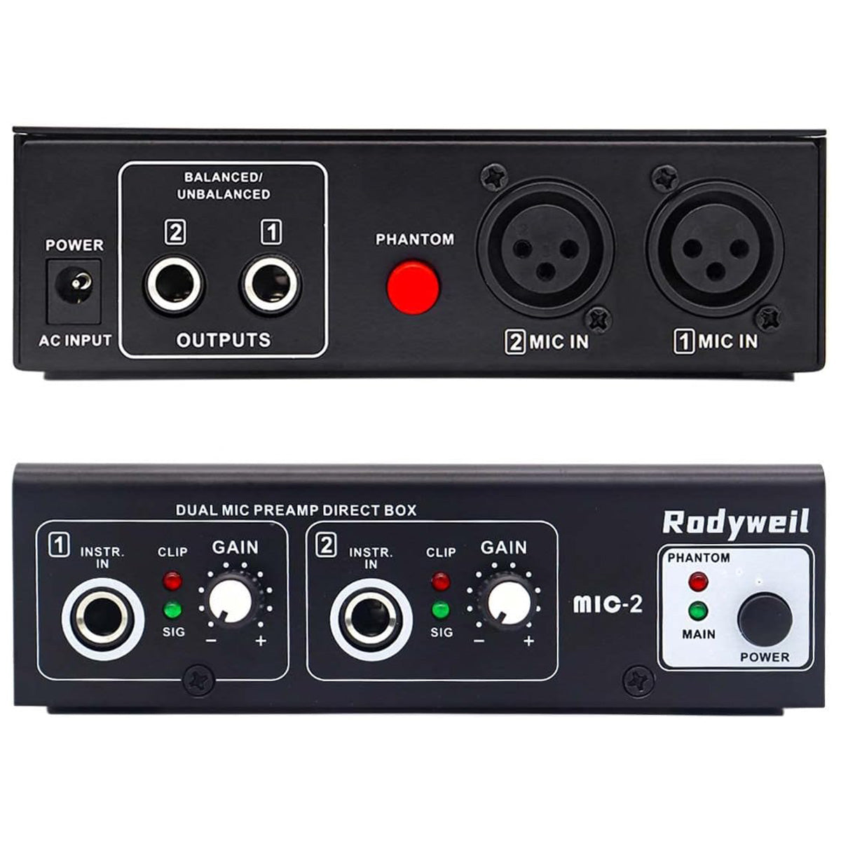 Rodyweil Microphone Preamp Mic Booster 4 Input Max 65db DI Box with 48V Phantom Power for Dynamic and Condenser Mic