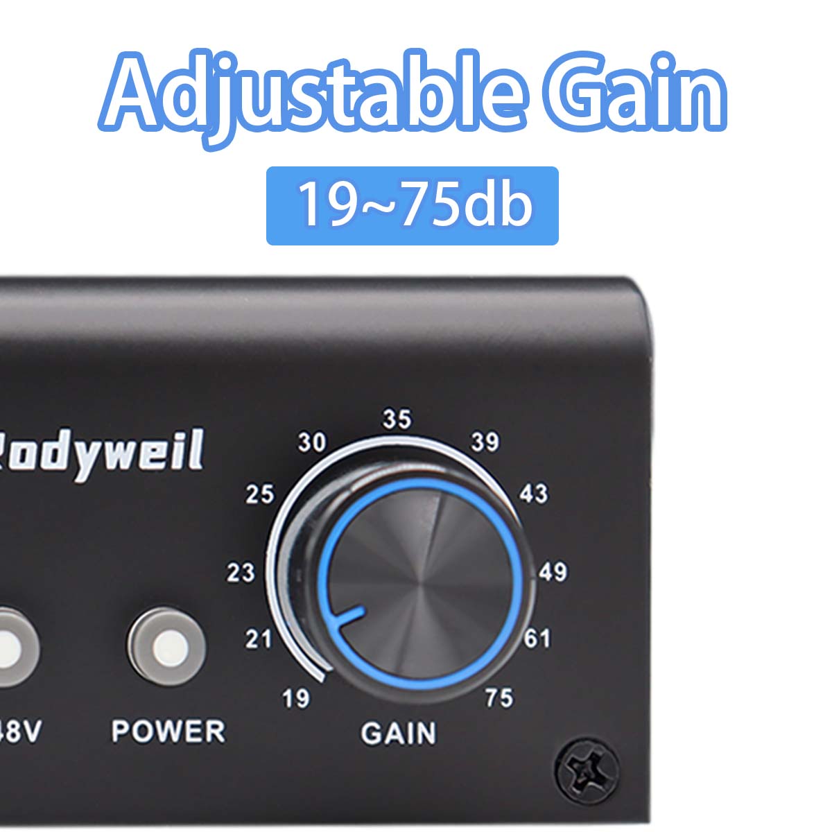 Rodyweil Mic Preamp with 19~75db Adjustable Gain Boost Balaneced Line Out and 48V for Dynamic, Condenser,Ribbon Microphone, Audio Interface, Audio Mixer