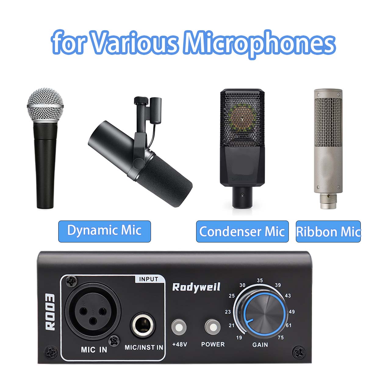 Rodyweil Mic Preamp with 19~75db Adjustable Gain Boost Balaneced Line Out and 48V for Dynamic, Condenser,Ribbon Microphone, Audio Interface, Audio Mixer
