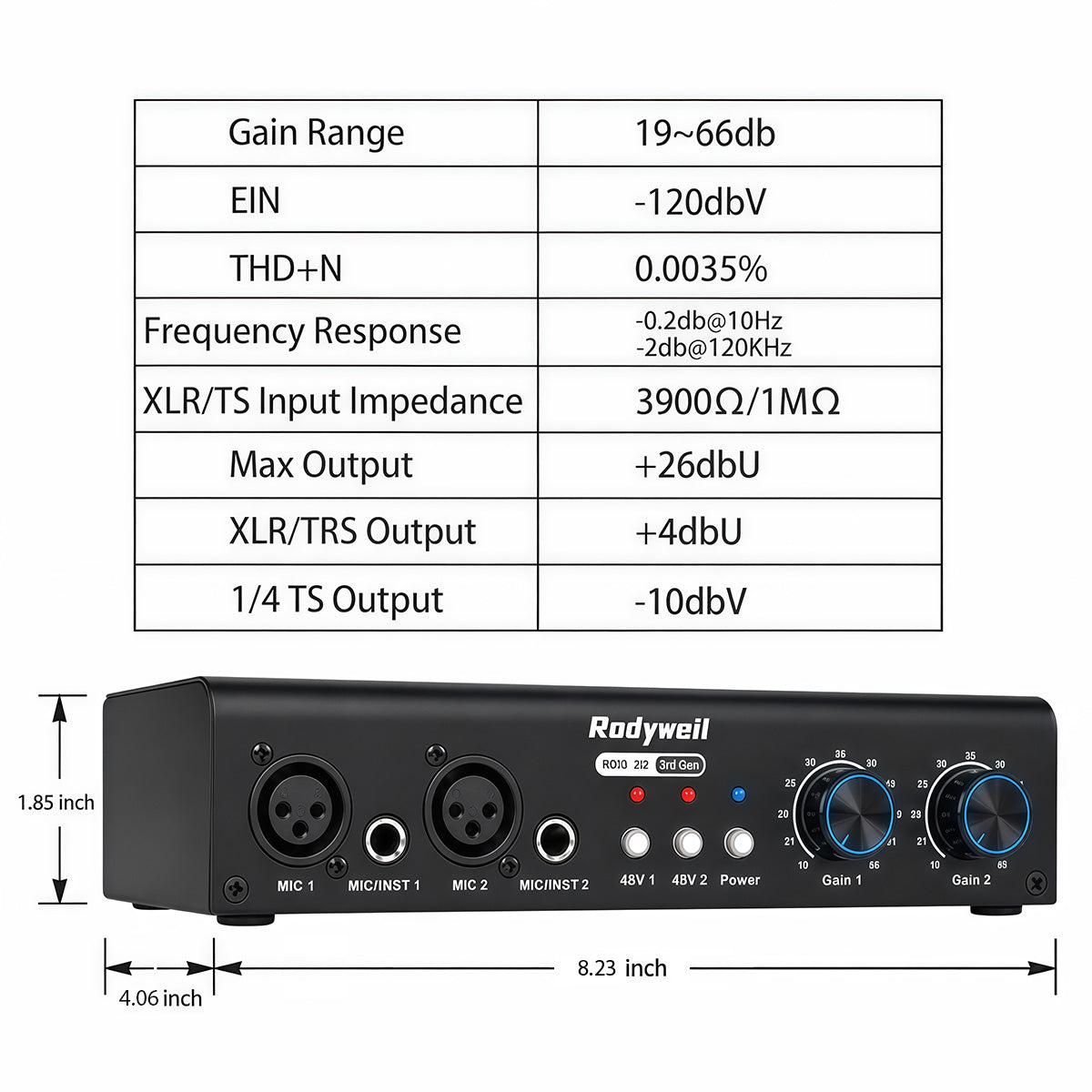 RO03 2i2 Two Channel Mic Preamp,19~66db Adjustable Gain -120db EIN,Ultra Low Noise,2 Input and 6 Output, Type C Power Input, 48V Phantom Power