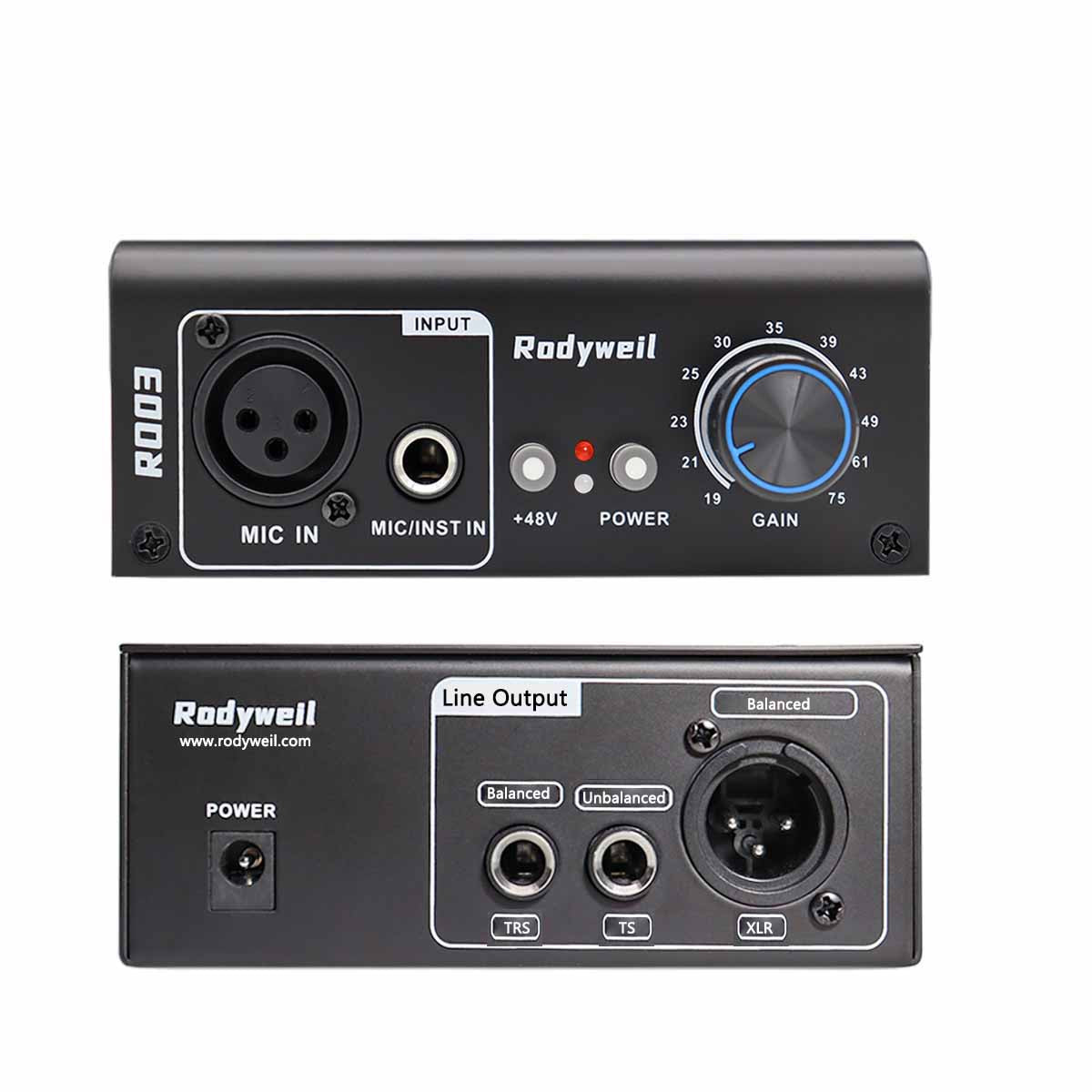 Rodyweil Mic Preamp with 19~75db Adjustable Gain Boost Balaneced Line Out and 48V for Dynamic, Condenser,Ribbon Microphone, Audio Interface, Audio Mixer