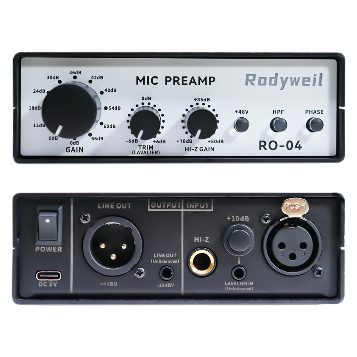 Rodyweil RO-04 Pro Mic Preamp 0~72db Adjustable Gain Boost with Hi-Z, 48V, HPF, Phase for Dynamic Condenser Ribbon Microphone, Guitar, Bass Recording and Podcasting