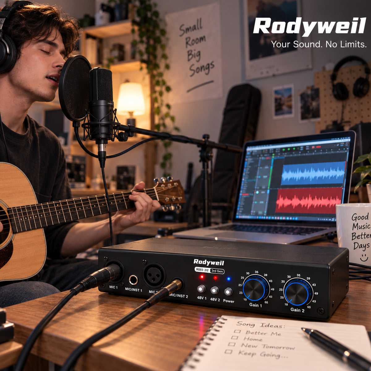 RO03 2i2 Two Channel Mic Preamp,19~66db Adjustable Gain -120db EIN,Ultra Low Noise,2 Input and 6 Output, Type C Power Input, 48V Phantom Power