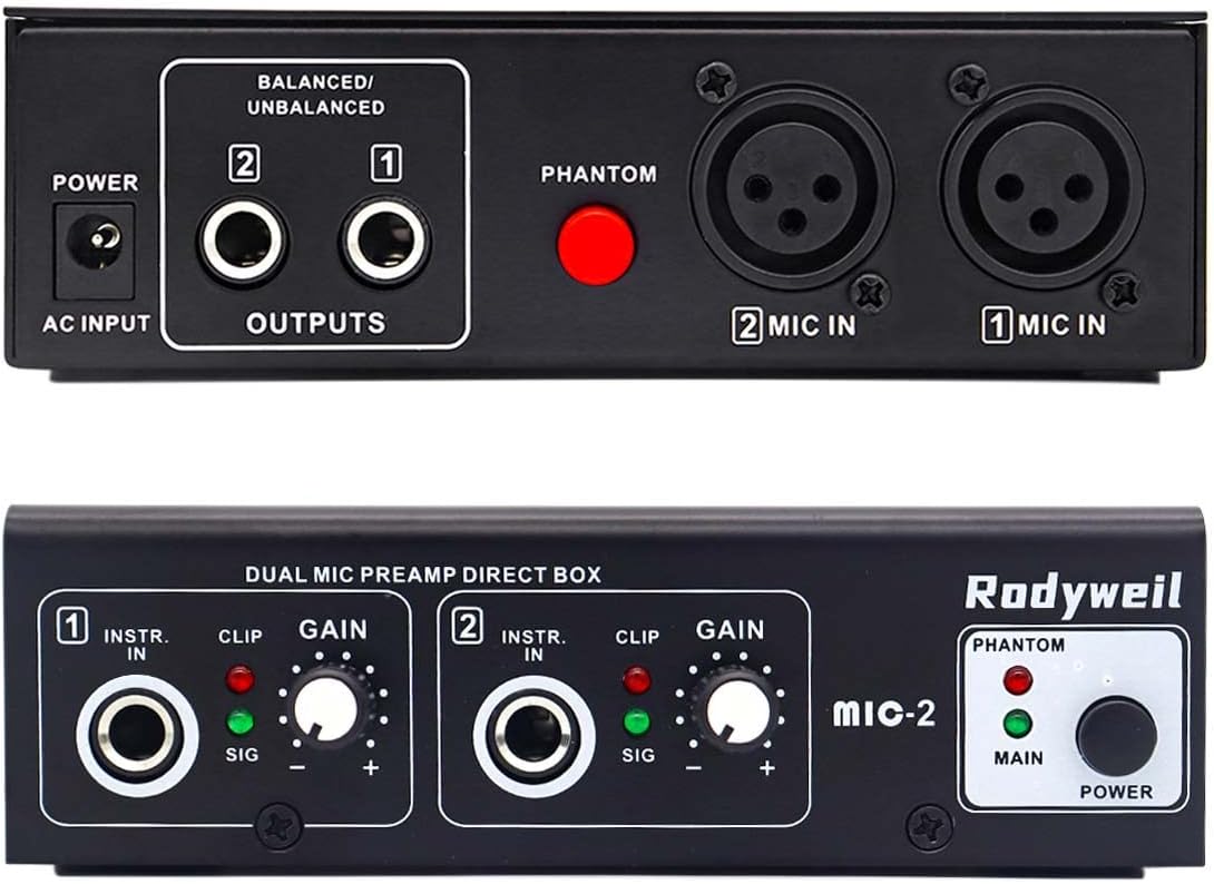 Rodyweil Microphone Preamp Mic Booster 4 Input Max 65db DI Box with 48V Phantom Power for Dynamic and Condenser Mic